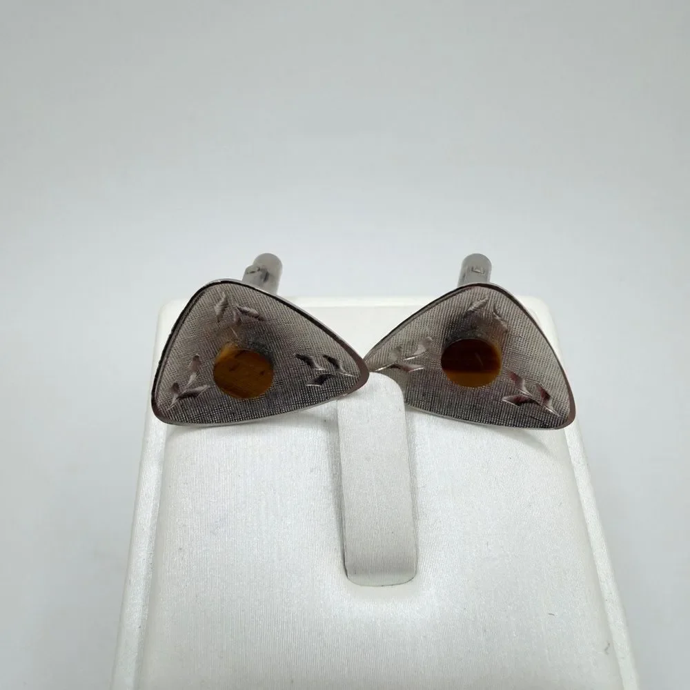 Vintage/Retro‎ Tigers Eye and diamond cut leaf design silver tone cuff links!